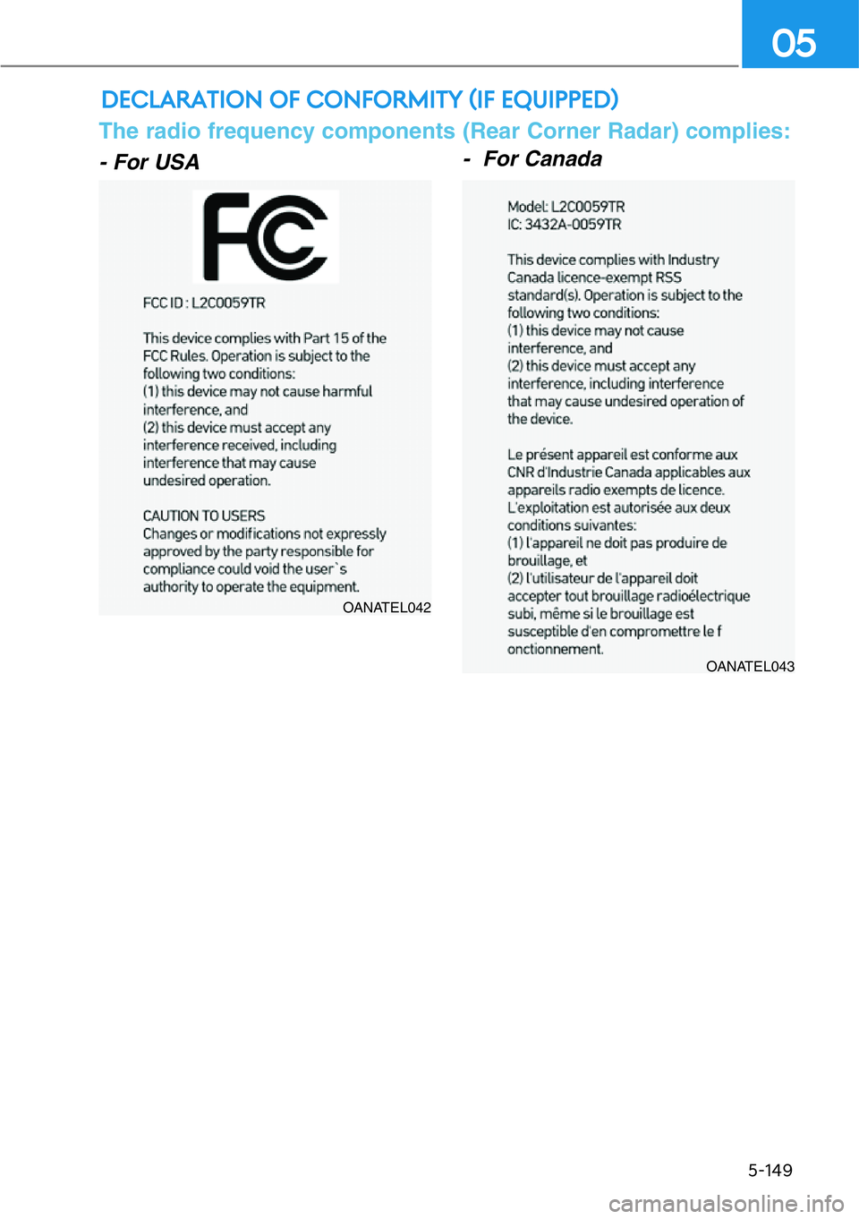 HYUNDAI GENESIS G90 2021  Owners Manual DECLARATION OF CONFORMITY (IF EQUIPPED)
5-149
05
- For USA-  For Canada
OANATEL042
OANATEL043
The radio frequency components (Rear Corner Radar) complies: 