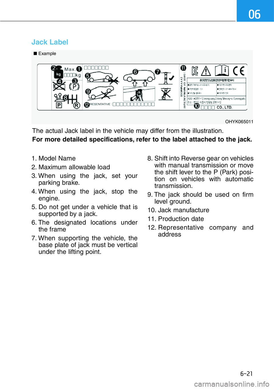 HYUNDAI GENESIS G90 2021 Owners Manual 6-21
06
1. Model Name
2. Maximum allowable load
3. When using the jack, set your
parking brake.
4. When using the jack, stop the
engine.
5. Do not get under a vehicle that is
supported by a jack.
6. T HYUNDAI GENESIS G90 2021 Owners Manual 6-21
06
1. Model Name
2. Maximum allowable load
3. When using the jack, set your
parking brake.
4. When using the jack, stop the
engine.
5. Do not get under a vehicle that is
supported by a jack.
6. T