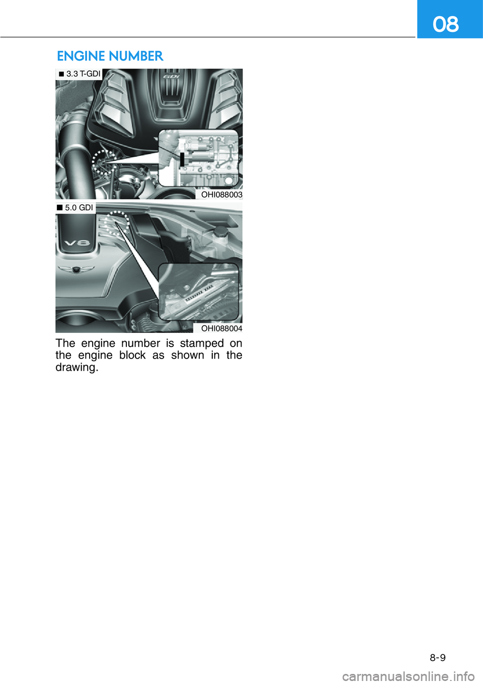 HYUNDAI GENESIS G90 2021  Owners Manual 8-9
08
ENGINE NUMBER
The engine number is stamped on
the engine block as shown in the
drawing.
OHI088003
■3.3 T-GDI
OHI088004
■5.0 GDI 