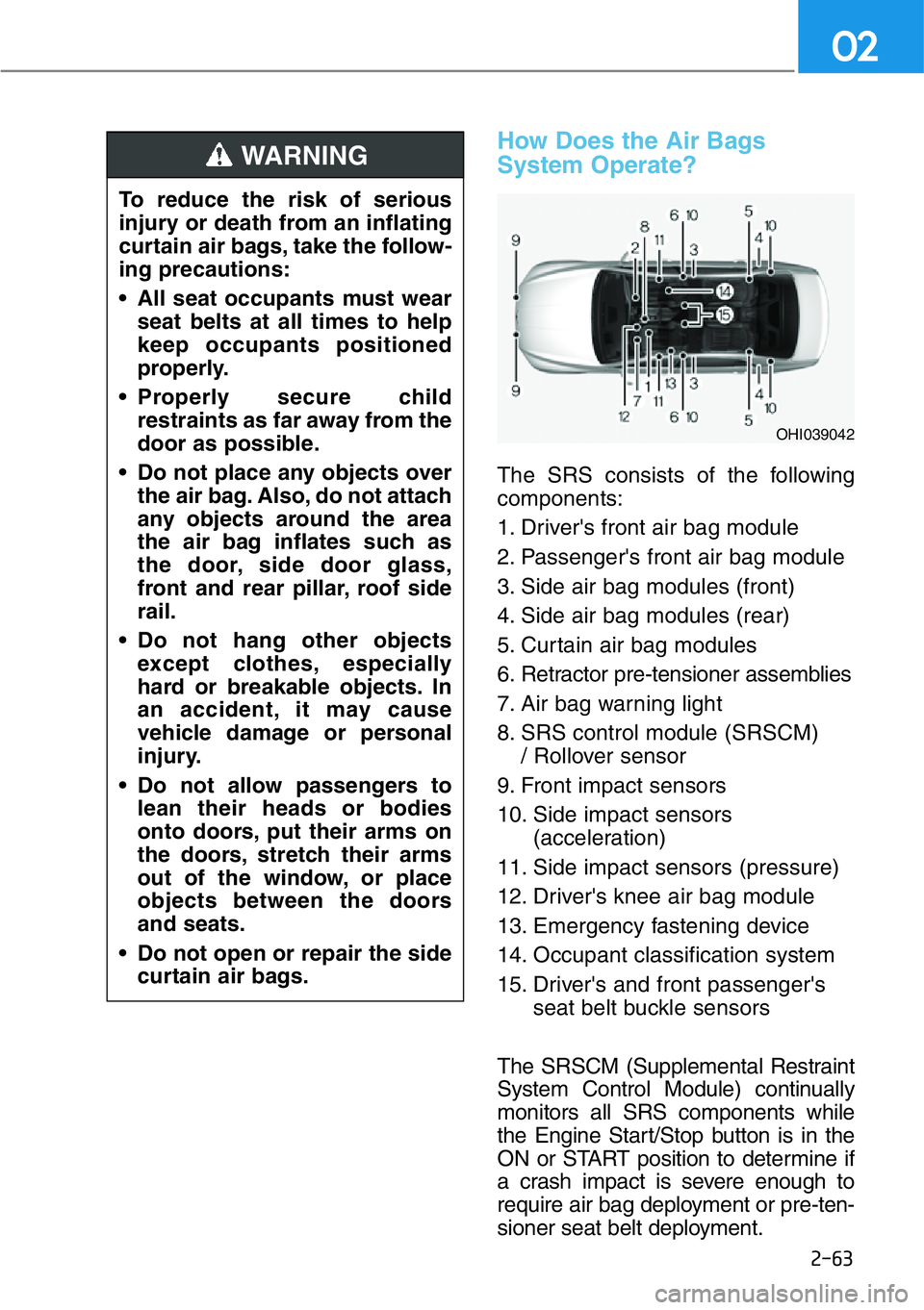 HYUNDAI GENESIS G90 2021  Owners Manual 2-63
02
How Does the Air Bags
System Operate? 
The SRS consists of the following
components:
1. Driver's front air bag module
2. Passenger's front air bag module
3. Side air bag modules (front