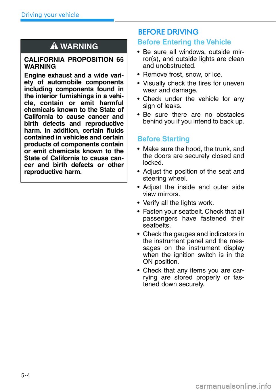 HYUNDAI GENESIS G90 2019  Owners Manual 5-4
Driving your vehicle
Before Entering the Vehicle
• Be sure all windows, outside mir-
ror(s), and outside lights are clean
and unobstructed.
• Remove frost, snow, or ice.
• Visually check the