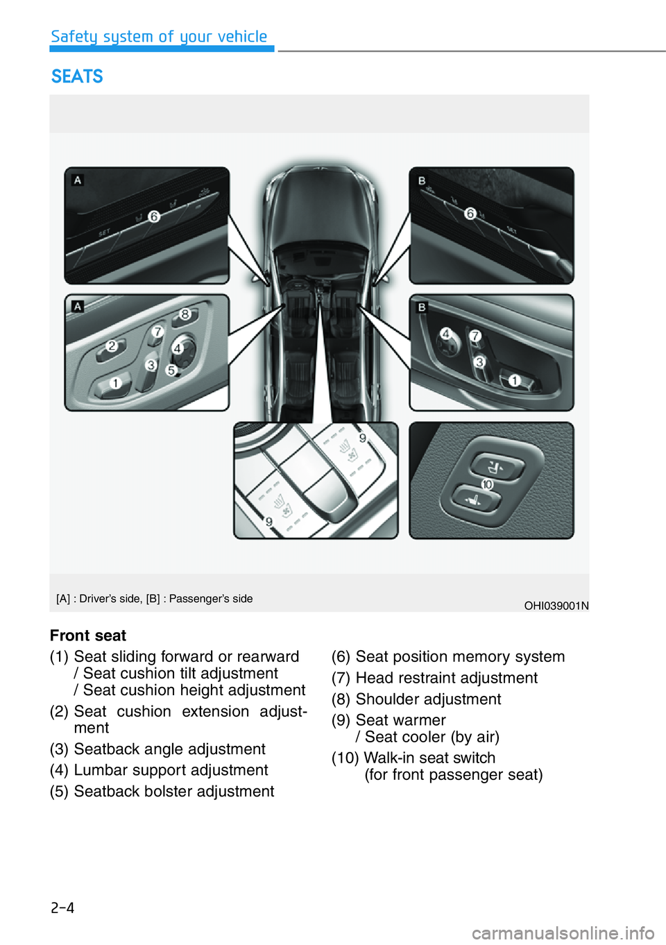 HYUNDAI GENESIS G90 2017 Owners Manual 2-4
Safety system of your vehicle
Front seat
(1) Seat sliding forward or rearward
/ Seat cushion tilt adjustment
/ Seat cushion height adjustment
(2) Seat cushion extension adjust-
ment
(3) Seatback a HYUNDAI GENESIS G90 2017 Owners Manual 2-4
Safety system of your vehicle
Front seat
(1) Seat sliding forward or rearward
/ Seat cushion tilt adjustment
/ Seat cushion height adjustment
(2) Seat cushion extension adjust-
ment
(3) Seatback a