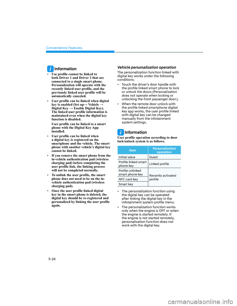 HYUNDAI GENESIS GV70 2022  Owners Manual Convenience Features
5-24
 Information
• Use profile cannot be linked to 
both Driver 1 and Driver 2 that are 
connected to a single smart phone. 
Personalization will operate with the 
recently lin