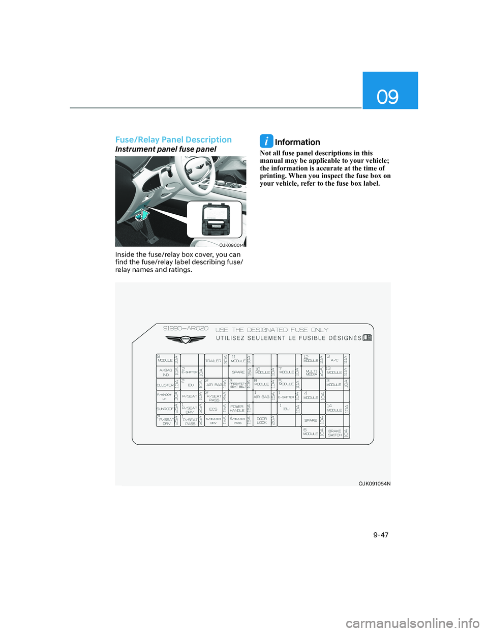 HYUNDAI GENESIS GV70 2022  Owners Manual 09
9-47
Fuse/Relay Panel Description
Instrument panel fuse panel
OJK090014OJK090014
Inside the fuse/relay box cover, you can 
find the fuse/relay label describing fuse/
relay names and ratings.
 Infor