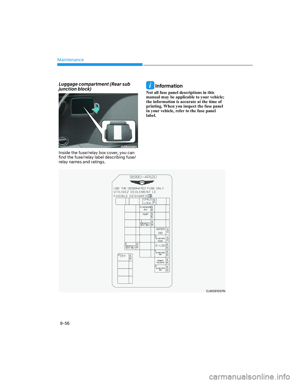 HYUNDAI GENESIS GV70 2022  Owners Manual Maintenance
9-56
Luggage compartment (Rear sub 
junction block)
OJK090028OJK090028
Inside the fuse/relay box cover, you can 
find the fuse/relay label describing fuse/
relay names and ratings.
 Inform