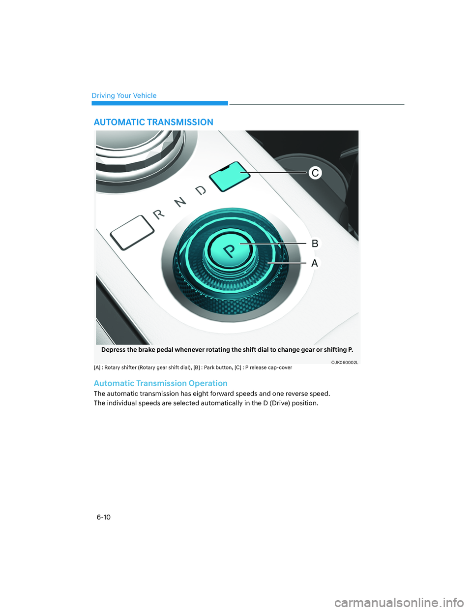 HYUNDAI GENESIS GV70 2021  Owners Manual Driving Your Vehicle
6-10
Depress the brake pedal whenever rotating the shift dial to change gear or shifting P.
OJK060002LOJK060002L[A] : Rotary shifter (Rotary gear shift dial), [B] : Park button, [
