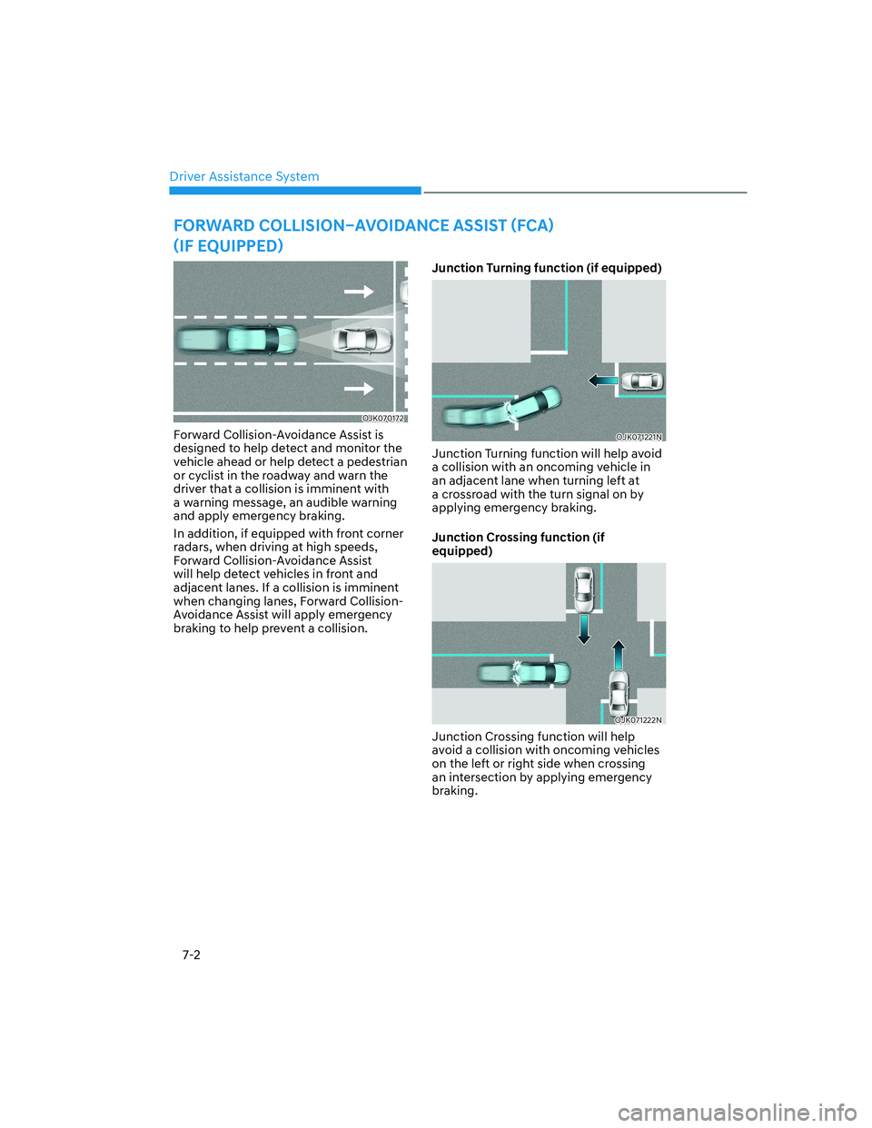 HYUNDAI GENESIS GV70 2021  Owners Manual Driver Assistance System
7-2
OJK070172OJK070172
Forward Collision-Avoidance Assist is 
designed to help detect and monitor the 
vehicle ahead or help detect a pedestrian 
or cyclist in the roadway and