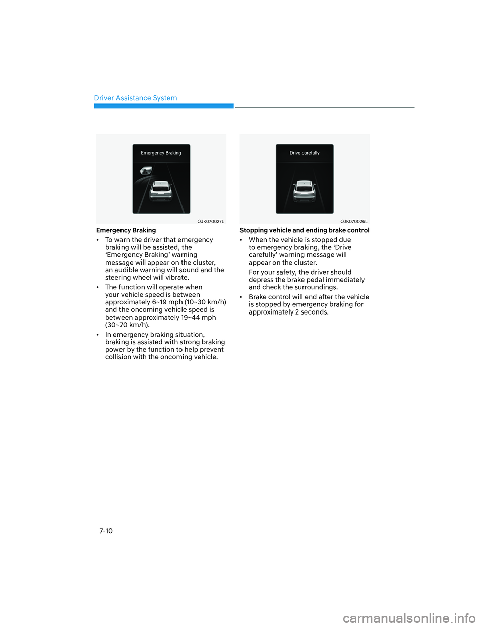 HYUNDAI GENESIS GV70 2021  Owners Manual Driver Assistance System
7-10
OJK070027LOJK070027L
�(�P�H�U�J�H�Q�F�\��%�U�D�N�L�Q�J
•  To warn the driver that emergency 
braking will be assisted, the 
‘Emergency Braking’ warning 
message wi