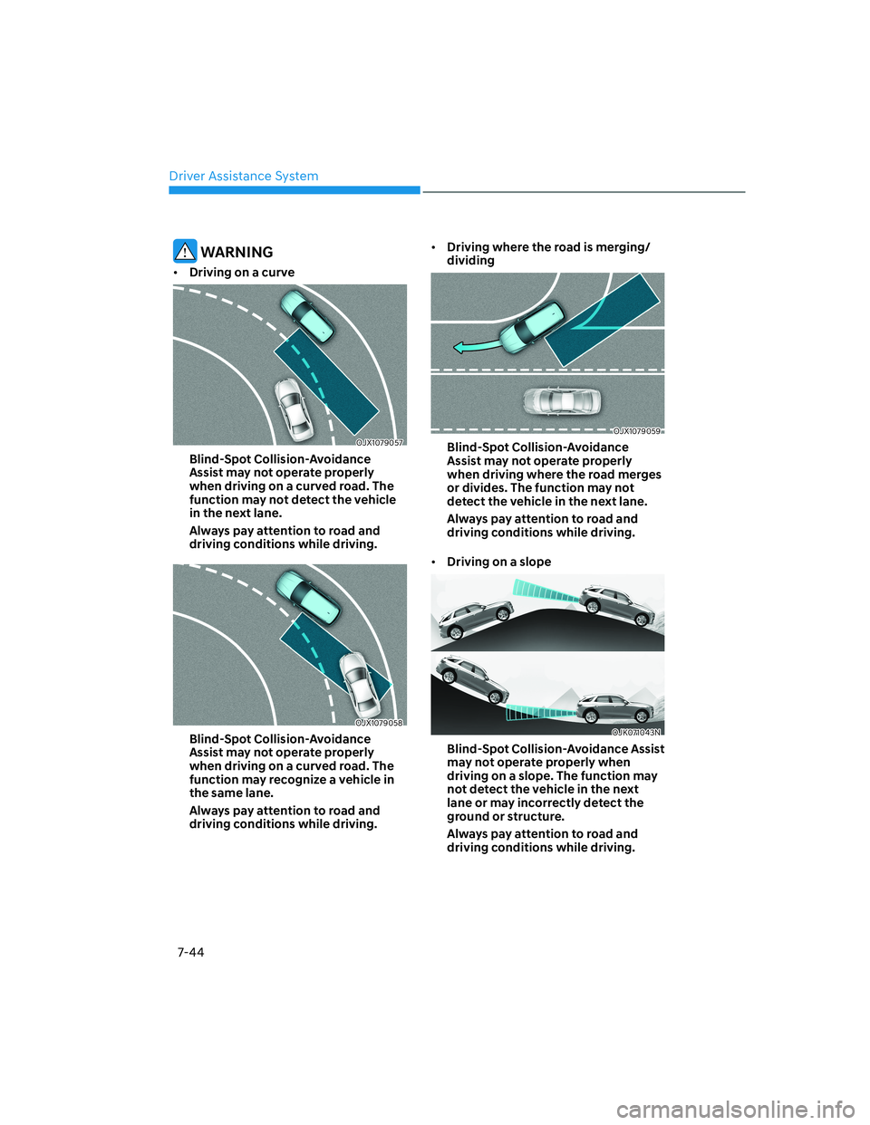 HYUNDAI GENESIS GV70 2021  Owners Manual Driver Assistance System
7-44
��:�$�5�1�,�1�*
• ��U�L�Y�L�Q�J��R�Q��D��F�X�U�Y�H
OJX1079057OJX1079057
�%�O�L�Q�G��6�S�R�W��&�R�O�O�L�V�L�R�Q��$�Y�R�L�G�D�Q�F�H�
�$�V�V�L�V�W��P�D�\��Q�R�W