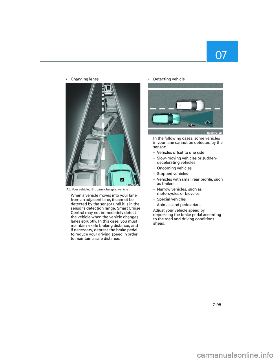 HYUNDAI GENESIS GV70 2021  Owners Manual 07
7-95
• Changing lanes
OADAS030 OADAS030 [A] : Your vehicle, [B] : Lane changing vehicle
When a vehicle moves into your lane 
from an adjacent lane, it cannot be 
detected by the sensor until it i