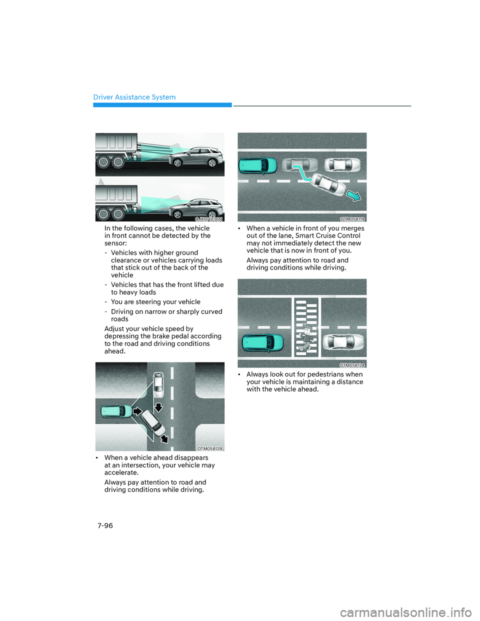 HYUNDAI GENESIS GV70 2021  Owners Manual Driver Assistance System
7-96
OJK071036NOJK071036N
In the following cases, the vehicle 
in front cannot be detected by the 
sensor:
  - Vehicles with higher ground 
clearance or vehicles carrying load