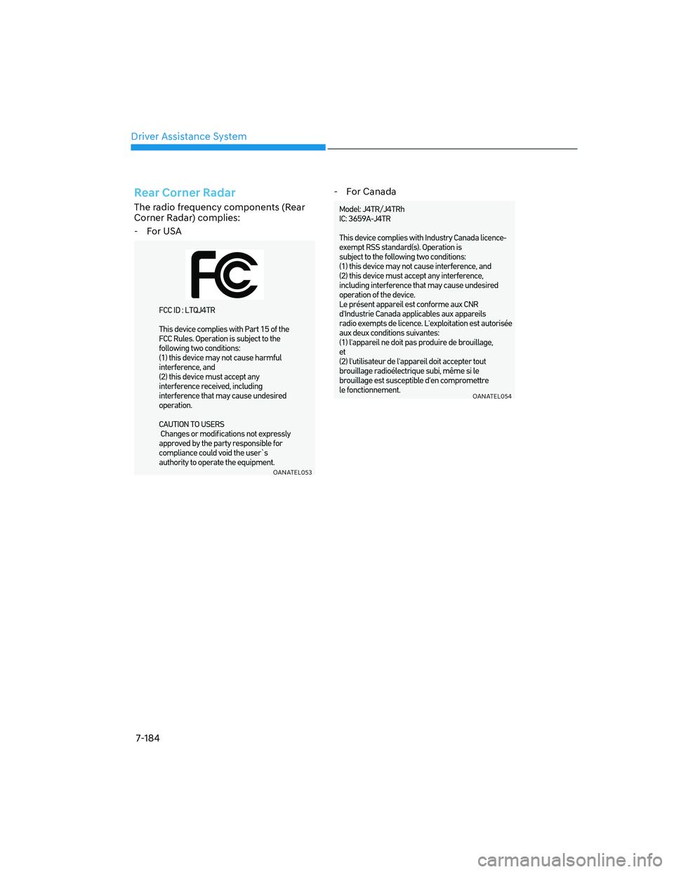 HYUNDAI GENESIS GV70 2021  Owners Manual Driver Assistance System
7-184
Rear Corner Radar
The radio frequency components (Rear 
Corner Radar) complies:
  - For USA
OANATEL053OANATEL053
  - For Canada
OANATEL054OANATEL054 