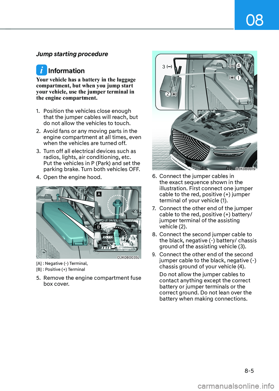 HYUNDAI GENESIS GV70 2021  Owners Manual 08
8-5
Jump starting procedure
 Information
Your vehicle has a battery in the luggage compartment, but when you jump start your vehicle, use the jumper terminal in the engine compartment.
1. Position 