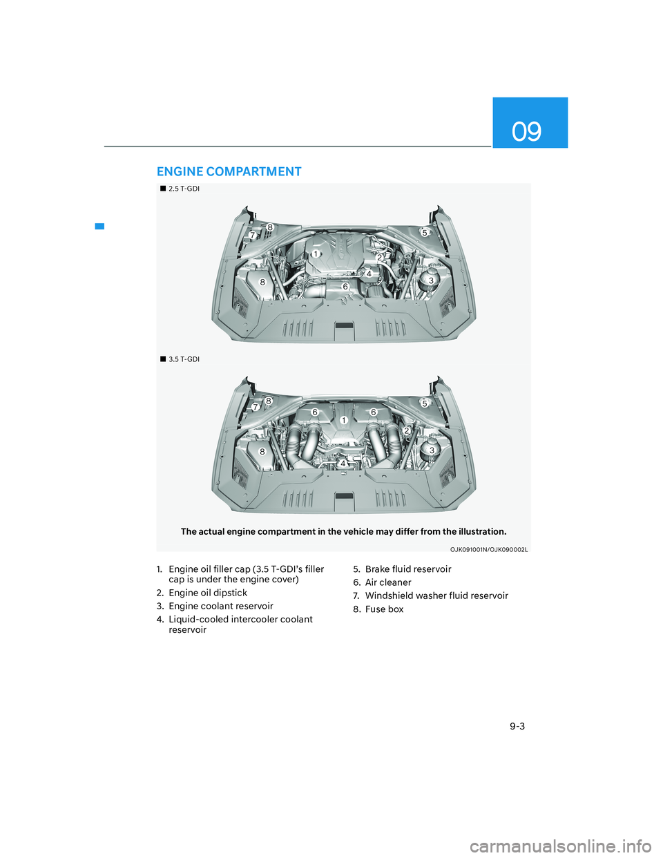 HYUNDAI GENESIS GV70 2021  Owners Manual 9-3
09
���„�„2.5 T-GDI2.5 T-GDI
���„�„3.5 T-GDI3.5 T-GDI
The actual engine compartment in the vehicle may differ from the illustration.
OJK091001N/OJK090002LOJK091001N/OJK090002L
1.  Engin