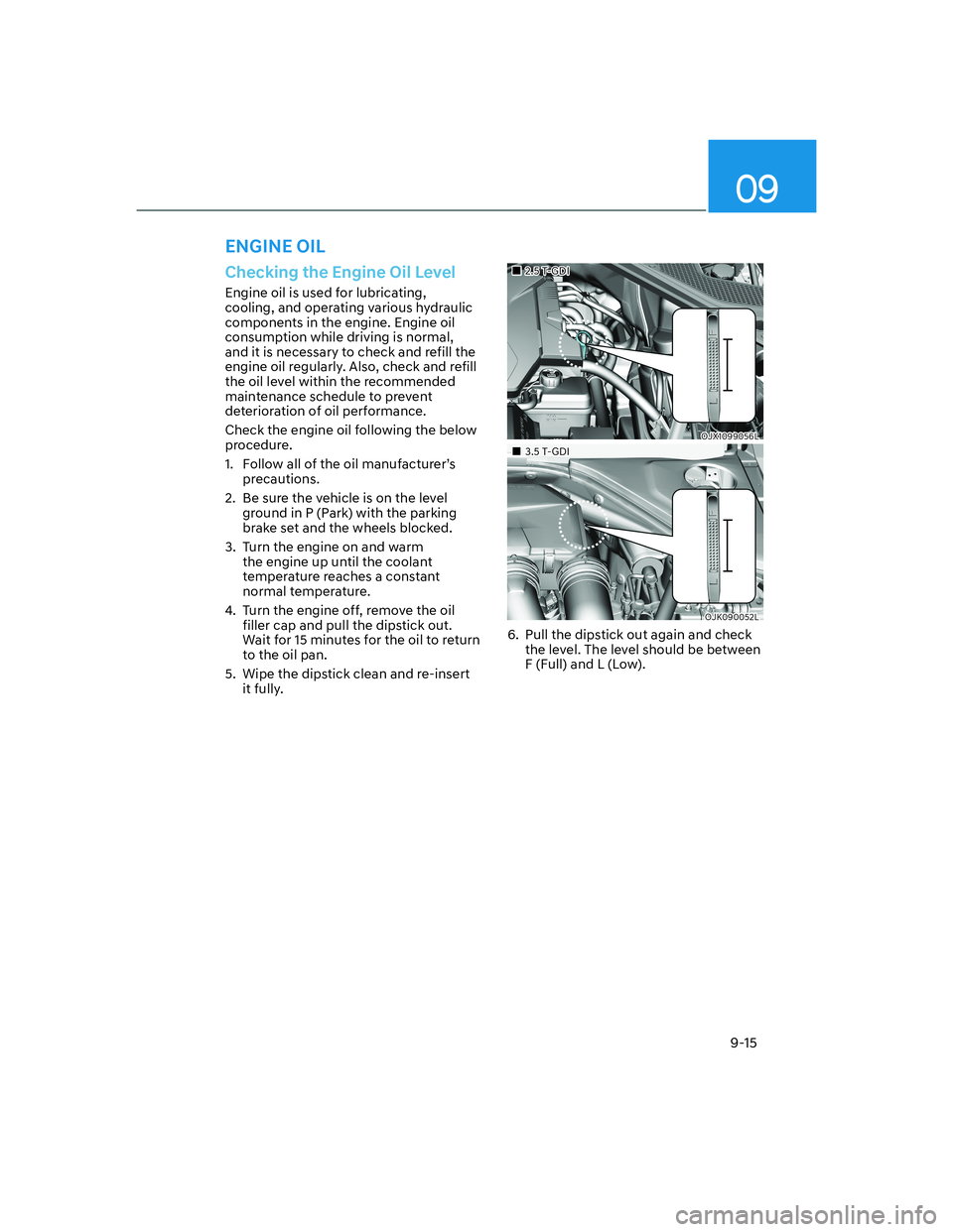 HYUNDAI GENESIS GV70 2021 Owners Manual 09
9-15
Checking the Engine Oil Level
Engine oil is used for lubricating,
cooling, and operating various hydraulic
components in the engine. Engine oil
consumption while driving is normal,
and it HYUNDAI GENESIS GV70 2021 Owners Manual 09
9-15
Checking the Engine Oil Level
Engine oil is used for lubricating,
cooling, and operating various hydraulic
components in the engine. Engine oil
consumption while driving is normal,
and it