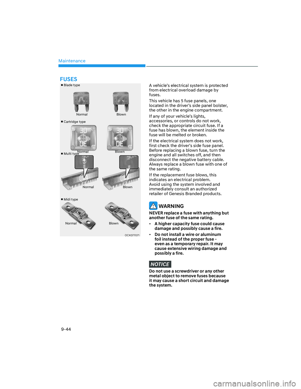 HYUNDAI GENESIS GV70 2021 Manual Online Maintenance
9-44
v
 Blade type
v
 Cartridge type
v
 Multi type
v
 Midi typeNormal Blown
Normal Blown
Normal Blown
Normal Blown
OCK077071OCK077071
A vehicle’s electrical system is protected 
from