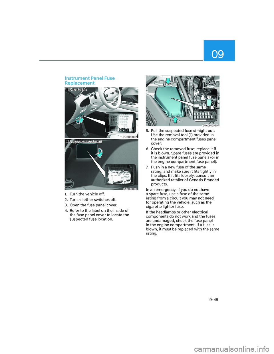 HYUNDAI GENESIS GV70 2021 Owners Manual 09
9-45
Instrument Panel Fuse 
Replacement
���„�„Driver’s sideDriver’s side
OJK090012OJK090012
���„�„Luggage compartmentLuggage compartment
OJK090013OJK090013
1.  Turn the vehicle off.