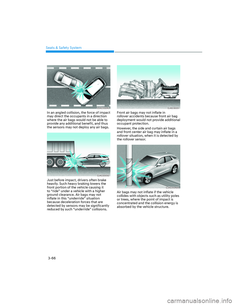 HYUNDAI GENESIS GV70 2021 Owners Manual Seats & Safety System
3-66
OJK030045OJK030045
In an angled collision, the force of impact
may direct the occupants in a direction
where the air bags would not be able to
provide any additional bene HYUNDAI GENESIS GV70 2021 Owners Manual Seats & Safety System
3-66
OJK030045OJK030045
In an angled collision, the force of impact
may direct the occupants in a direction
where the air bags would not be able to
provide any additional bene