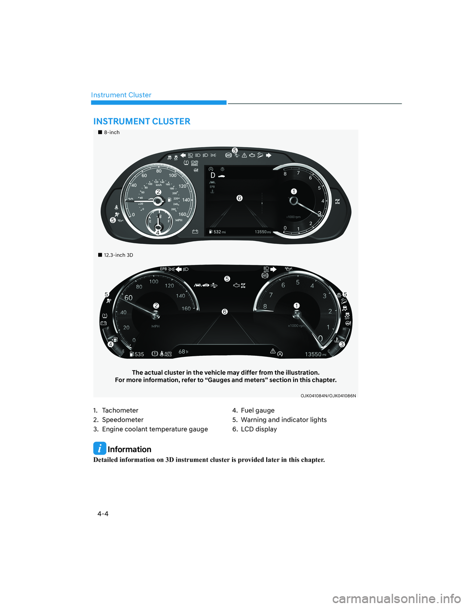 HYUNDAI GENESIS GV70 2021  Owners Manual 4-4
Instrument Cluster
1. Tachometer
2. Speedometer
3.  Engine coolant temperature gauge4. Fuel gauge
5.  Warning and indicator lights
6. LCD display
INSTRUMENT CLUSTER
���„�„8-inch8-inch
���