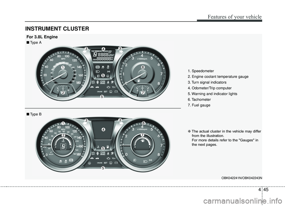 HYUNDAI GENESIS COUPE ULTIMATE 2016 Owners Manual 445
Features of your vehicle
INSTRUMENT CLUSTER
OBK042241N/OBK042243N
1. Speedometer
2. Engine coolant temperature gauge
3. Turn signal indicators
4. Odometer/Trip computer
5. Warning and indicator li HYUNDAI GENESIS COUPE ULTIMATE 2016 Owners Manual 445
Features of your vehicle
INSTRUMENT CLUSTER
OBK042241N/OBK042243N
1. Speedometer
2. Engine coolant temperature gauge
3. Turn signal indicators
4. Odometer/Trip computer
5. Warning and indicator li