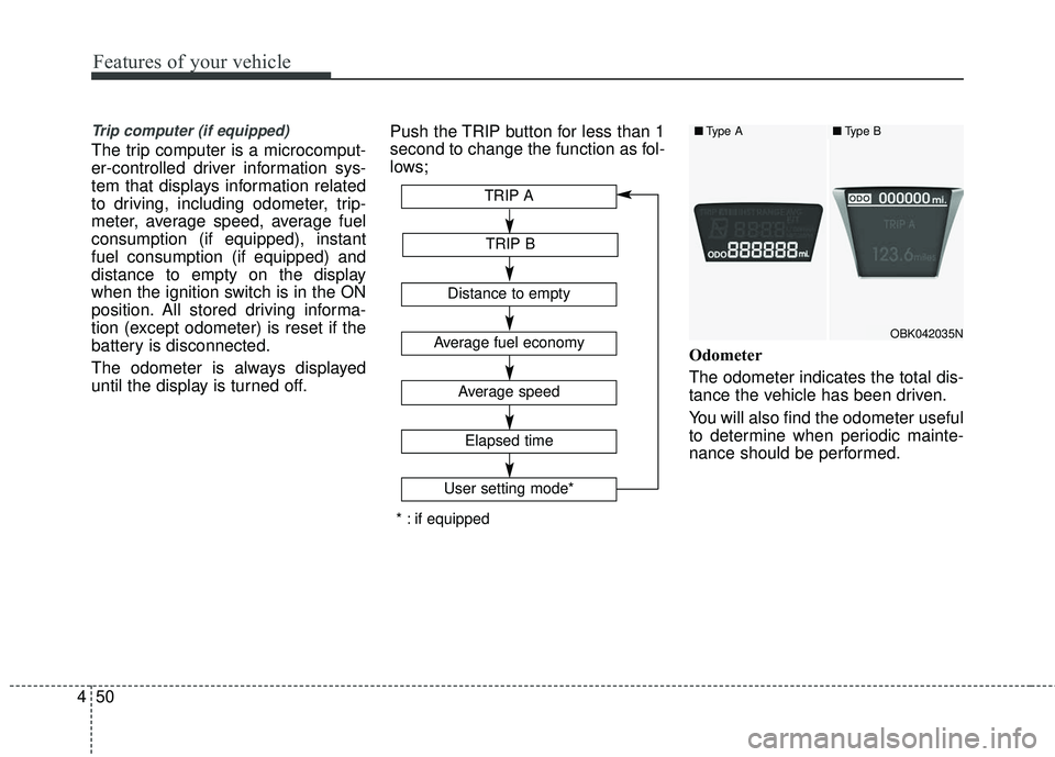 HYUNDAI GENESIS COUPE ULTIMATE 2016  Owners Manual Features of your vehicle
50
4
Trip computer (if equipped)
The trip computer is a microcomput-
er-controlled driver information sys-
tem that displays information related
to driving, including odometer