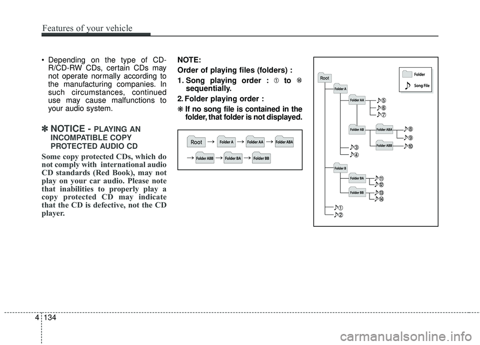 HYUNDAI GENESIS COUPE ULTIMATE 2016 Owners Manual 4134
Features of your vehicle
Depending on the type of CD-R/CD-RW CDs, certain CDs may
not operate normally according to
the manufacturing companies. In
such circumstances, continued
use may cause ma HYUNDAI GENESIS COUPE ULTIMATE 2016 Owners Manual 4134
Features of your vehicle
Depending on the type of CD-R/CD-RW CDs, certain CDs may
not operate normally according to
the manufacturing companies. In
such circumstances, continued
use may cause ma