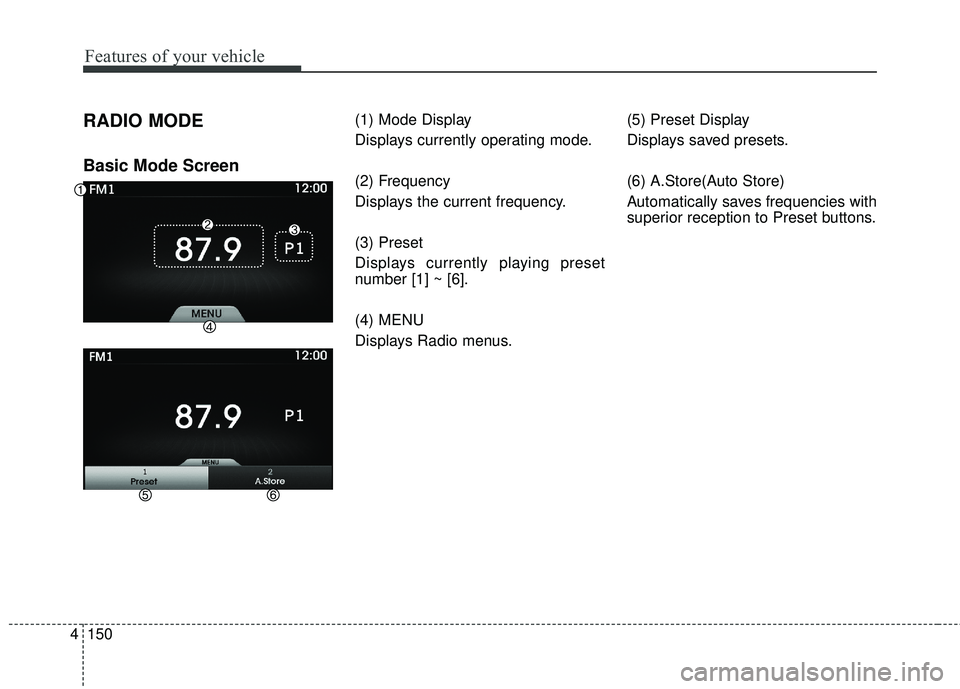 HYUNDAI GENESIS COUPE ULTIMATE 2016 Owners Manual Features of your vehicle
150
4
RADIO MODE
Basic Mode Screen
(1) Mode Display
Displays currently operating mode.
(2) Frequency
Displays the current frequency.
(3) Preset
Displays currently playing pres HYUNDAI GENESIS COUPE ULTIMATE 2016 Owners Manual Features of your vehicle
150
4
RADIO MODE
Basic Mode Screen
(1) Mode Display
Displays currently operating mode.
(2) Frequency
Displays the current frequency.
(3) Preset
Displays currently playing pres