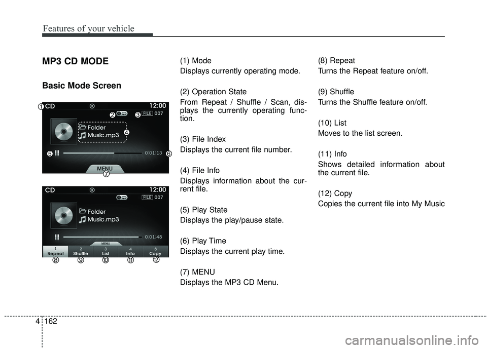 HYUNDAI GENESIS COUPE ULTIMATE 2016 Owners Manual Features of your vehicle
162
4
MP3 CD MODE
Basic Mode Screen
(1) Mode
Displays currently operating mode.
(2) Operation State
From Repeat / Shuffle / Scan, dis-
plays the currently operating func-
tion HYUNDAI GENESIS COUPE ULTIMATE 2016 Owners Manual Features of your vehicle
162
4
MP3 CD MODE
Basic Mode Screen
(1) Mode
Displays currently operating mode.
(2) Operation State
From Repeat / Shuffle / Scan, dis-
plays the currently operating func-
tion