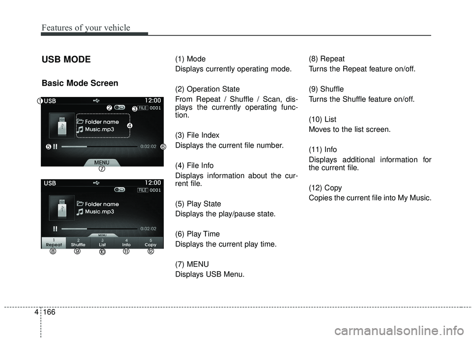 HYUNDAI GENESIS COUPE ULTIMATE 2016 Owners Manual Features of your vehicle
166
4
USB MODE
Basic Mode Screen
(1) Mode
Displays currently operating mode.
(2) Operation State
From Repeat / Shuffle / Scan, dis-
plays the currently operating func-
tion.
HYUNDAI GENESIS COUPE ULTIMATE 2016 Owners Manual Features of your vehicle
166
4
USB MODE
Basic Mode Screen
(1) Mode
Displays currently operating mode.
(2) Operation State
From Repeat / Shuffle / Scan, dis-
plays the currently operating func-
tion.