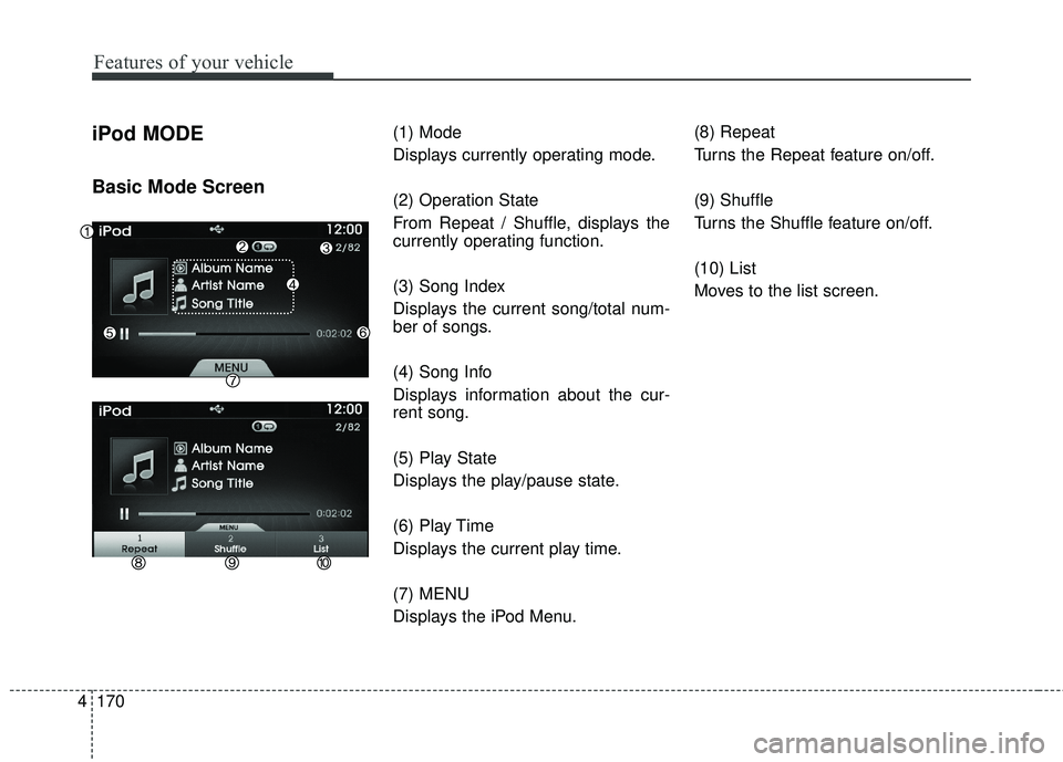 HYUNDAI GENESIS COUPE ULTIMATE 2016 Owners Manual Features of your vehicle
170
4
iPod MODE
Basic Mode Screen
(1) Mode
Displays currently operating mode.
(2) Operation State
From Repeat / Shuffle, displays the
currently operating function.
(3) Song In HYUNDAI GENESIS COUPE ULTIMATE 2016 Owners Manual Features of your vehicle
170
4
iPod MODE
Basic Mode Screen
(1) Mode
Displays currently operating mode.
(2) Operation State
From Repeat / Shuffle, displays the
currently operating function.
(3) Song In