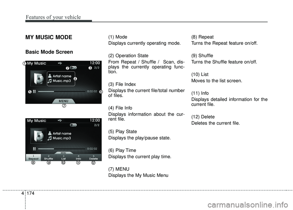HYUNDAI GENESIS COUPE ULTIMATE 2016 Owners Manual Features of your vehicle
174
4
MY MUSIC MODE
Basic Mode Screen
(1) Mode
Displays currently operating mode.
(2) Operation State
From Repeat / Shuffle / Scan, dis-
plays the currently operating func-
t HYUNDAI GENESIS COUPE ULTIMATE 2016 Owners Manual Features of your vehicle
174
4
MY MUSIC MODE
Basic Mode Screen
(1) Mode
Displays currently operating mode.
(2) Operation State
From Repeat / Shuffle / Scan, dis-
plays the currently operating func-
t