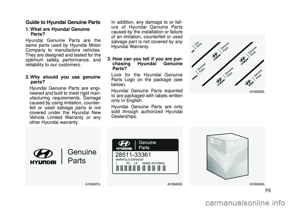 HYUNDAI GENESIS COUPE ULTIMATE 2016 Owners Manual F5
Guide to Hyundai Genuine Parts
1. What are Hyundai GenuineParts?
Hyundai Genuine Parts are the
same parts used by Hyundai Motor
Company to manufacture vehicles.
They are designed and tested for the HYUNDAI GENESIS COUPE ULTIMATE 2016 Owners Manual F5
Guide to Hyundai Genuine Parts
1. What are Hyundai GenuineParts?
Hyundai Genuine Parts are the
same parts used by Hyundai Motor
Company to manufacture vehicles.
They are designed and tested for the