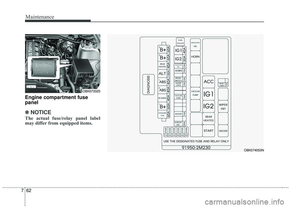 HYUNDAI GENESIS COUPE ULTIMATE 2016  Owners Manual Maintenance
62
7
Engine compartment fuse
panel
✽ ✽
NOTICE
The actual fuse/relay panel label
may differ from equipped items.
OBK072025
OBK074050N 