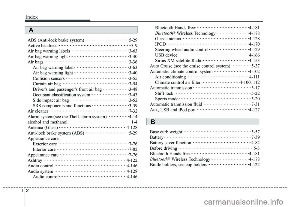 HYUNDAI GENESIS COUPE ULTIMATE 2016  Owners Manual Index
2I
ABS (Anti-lock brake system)··················\
···········5-29
Active headrest ··················\
··················\
···