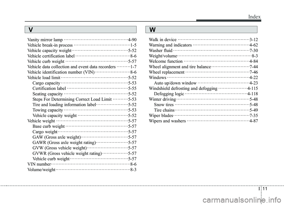 HYUNDAI GENESIS COUPE ULTIMATE 2016  Owners Manual I11
Index
Vanity mirror lamp··················\
··················\
····· ·4-90
Vehicle break-in process ··················\
·······