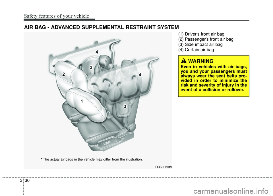 HYUNDAI GENESIS COUPE ULTIMATE 2016 Workshop Manual Safety features of your vehicle
36
3
(1) Driver’s front air bag
(2) Passenger’s front air bag
(3) Side impact air bag
(4) Curtain air bag
AIR BAG - ADVANCED SUPPLEMENTAL RESTRAINT SYSTEM
WARNING
E HYUNDAI GENESIS COUPE ULTIMATE 2016 Workshop Manual Safety features of your vehicle
36
3
(1) Driver’s front air bag
(2) Passenger’s front air bag
(3) Side impact air bag
(4) Curtain air bag
AIR BAG - ADVANCED SUPPLEMENTAL RESTRAINT SYSTEM
WARNING
E