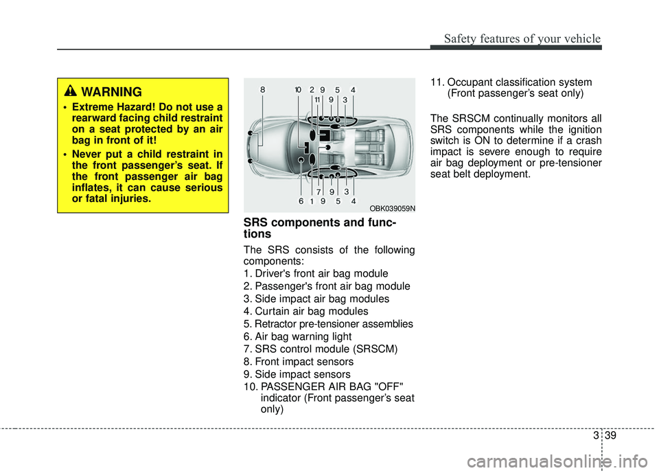 HYUNDAI GENESIS COUPE ULTIMATE 2016  Owners Manual 339
Safety features of your vehicle
SRS components and func-
tions
The SRS consists of the following
components:
1. Drivers front air bag module
2. Passengers front air bag module
3. Side impact air