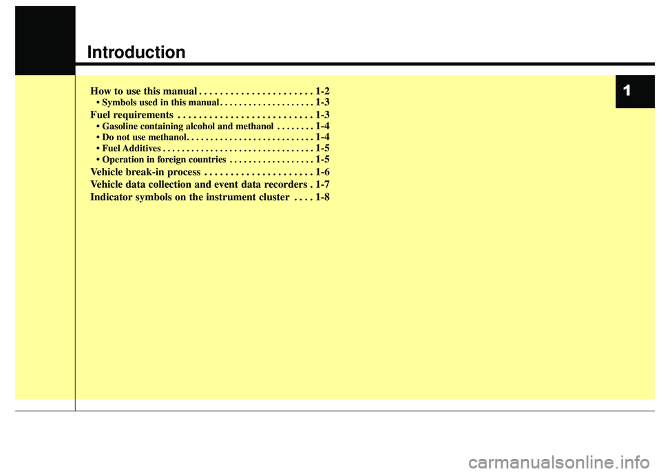 HYUNDAI GENESIS COUPE ULTIMATE 2016  Owners Manual 1
Introduction
How to use this manual . . . . . . . . . . . . . . . . . . . . . . 1-2
• Symbols used in this manual . . . . . . . . . . . . . . . . . . . . 1-3
Fuel requirements . . . . . . . . . . 