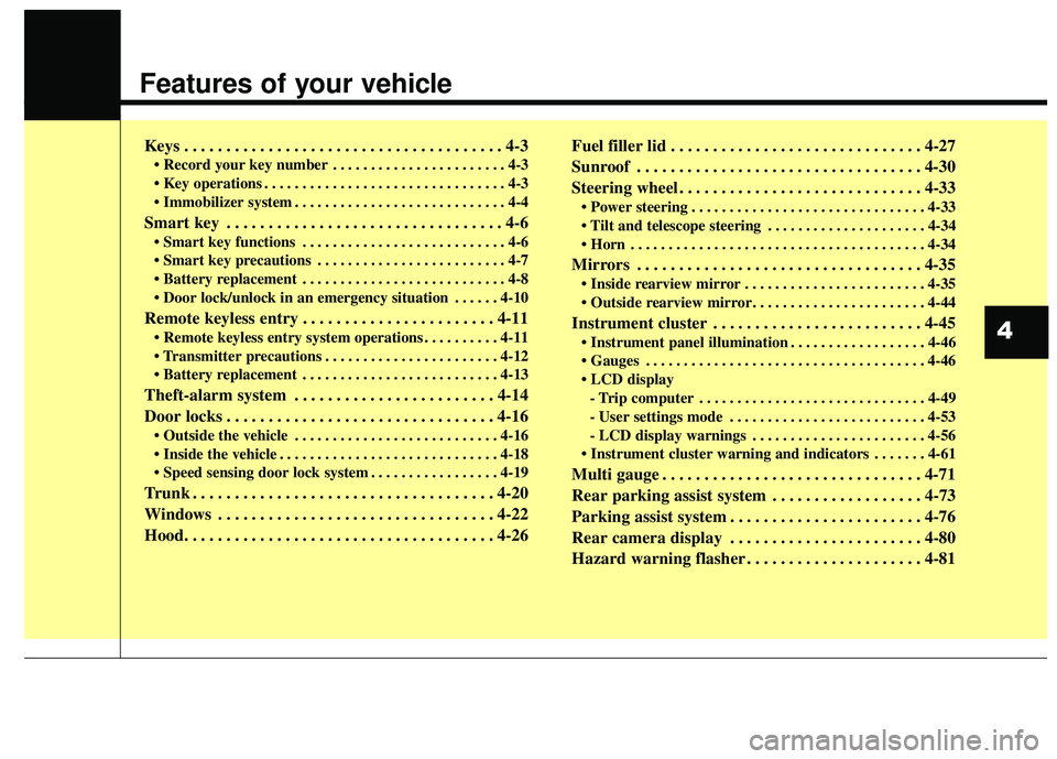 HYUNDAI GENESIS COUPE ULTIMATE 2016  Owners Manual Features of your vehicle
Keys . . . . . . . . . . . . . . . . . . . . . . . . . . . . . . . . . . . . \
. . 4-3
• Record your key number . . . . . . . . . . . . . . . . . . . . . . . 4-3
 . . . . . 