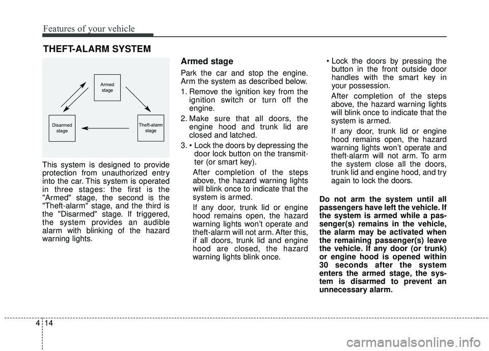 HYUNDAI GENESIS COUPE ULTIMATE 2016  Owners Manual Features of your vehicle
14
4
This system is designed to provide
protection from unauthorized entry
into the car. This system is operated
in three stages: the first is the
"Armed" stage, the second is