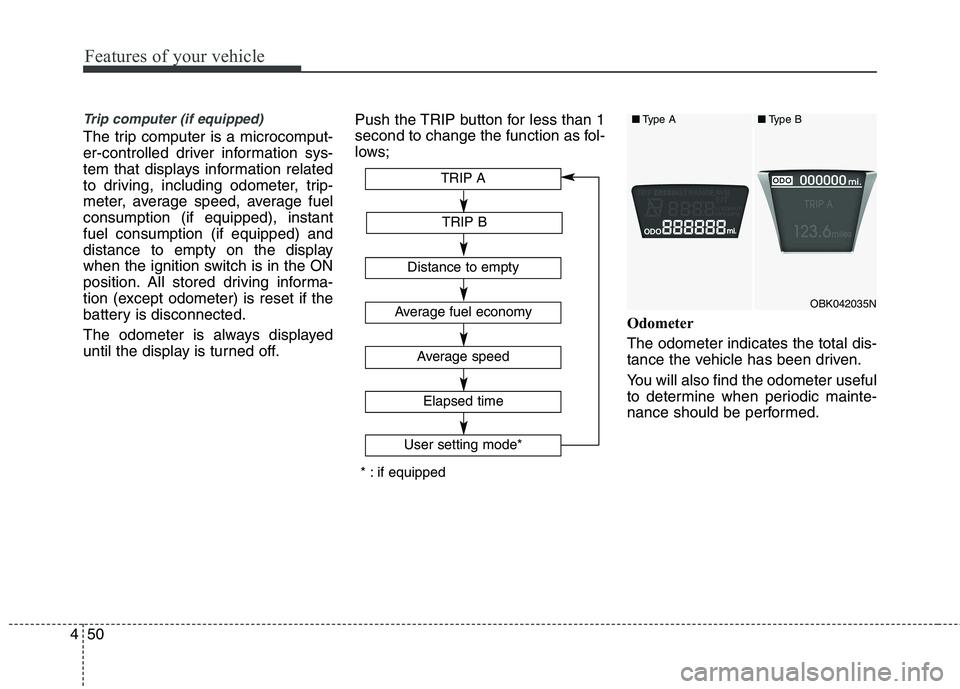 HYUNDAI GENESIS COUPE 2014  Owners Manual Features of your vehicle
50 4
Trip computer (if equipped)
The trip computer is a microcomput-
er-controlled driver information sys-
tem that displays information related
to driving, including odometer
