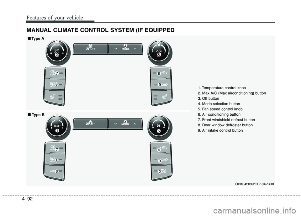 HYUNDAI GENESIS COUPE 2014 Owners Manual Features of your vehicle
92 4
MANUAL CLIMATE CONTROL SYSTEM (IF EQUIPPED
1. Temperature control knob
2. Max A/C (Max airconditioning) button
3. Off button
4. Mode selection button
5. Fan speed contro HYUNDAI GENESIS COUPE 2014 Owners Manual Features of your vehicle
92 4
MANUAL CLIMATE CONTROL SYSTEM (IF EQUIPPED
1. Temperature control knob
2. Max A/C (Max airconditioning) button
3. Off button
4. Mode selection button
5. Fan speed contro