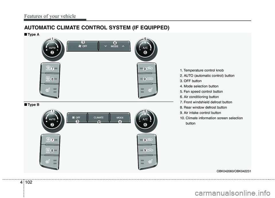 HYUNDAI GENESIS COUPE 2014  Owners Manual Features of your vehicle
102 4
AUTOMATIC CLIMATE CONTROL SYSTEM (IF EQUIPPED)
1. Temperature control knob
2. AUTO (automatic control) button
3. OFF button
4. Mode selection button
5. Fan speed control