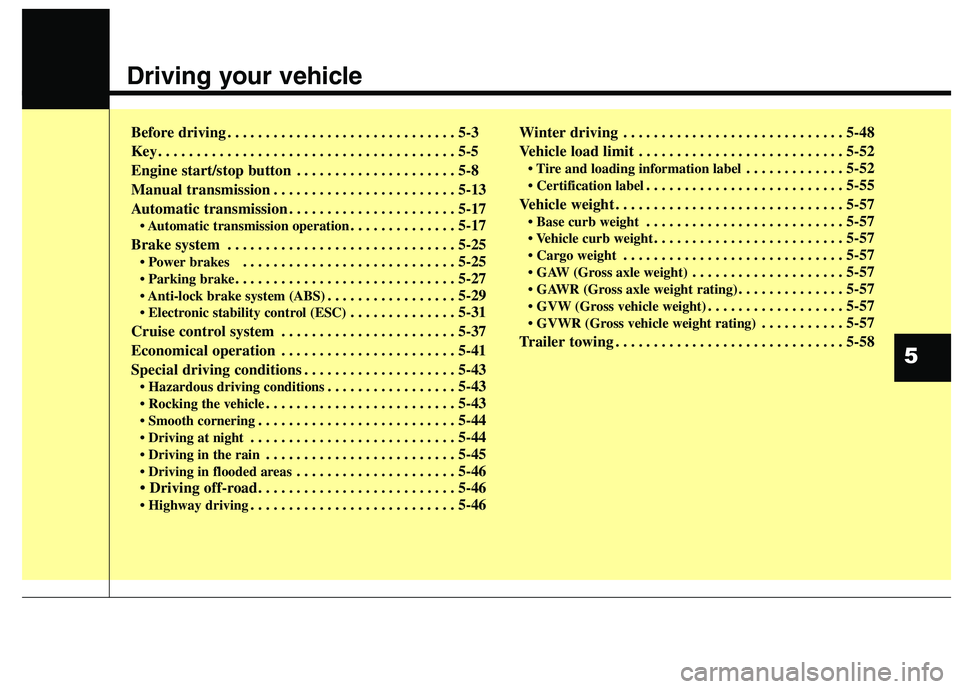 HYUNDAI GENESIS COUPE 2014  Owners Manual Driving your vehicle  
Before driving . . . . . . . . . . . . . . . . . . . . . . . . . . . . . . 5-3
Key . . . . . . . . . . . . . . . . . . . . . . . . . . . . . . . . . . . . . . . 5-5
Engine start