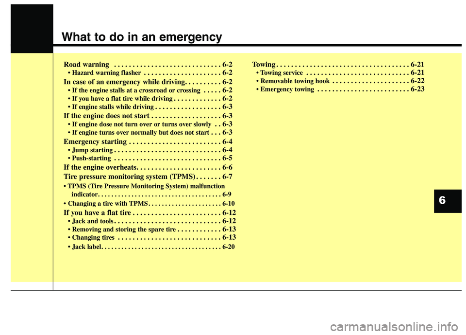 HYUNDAI GENESIS COUPE 2014  Owners Manual What to do in an emergency
Road warning  . . . . . . . . . . . . . . . . . . . . . . . . . . . . . 6-2
• Hazard warning flasher. . . . . . . . . . . . . . . . . . . . . 6-2
In case of an emergency w