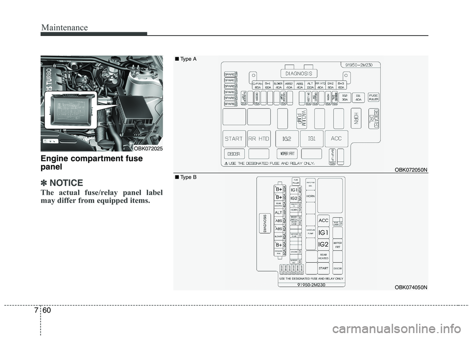 HYUNDAI GENESIS COUPE 2014 Owners Manual Maintenance
60 7
Engine compartment fuse
panel
✽ ✽
NOTICE
The actual fuse/relay panel label
may differ from equipped items.
OBK072050N
OBK074050N
OBK072025■Type A
■Type B HYUNDAI GENESIS COUPE 2014 Owners Manual Maintenance
60 7
Engine compartment fuse
panel
✽ ✽
NOTICE
The actual fuse/relay panel label
may differ from equipped items.
OBK072050N
OBK074050N
OBK072025■Type A
■Type B