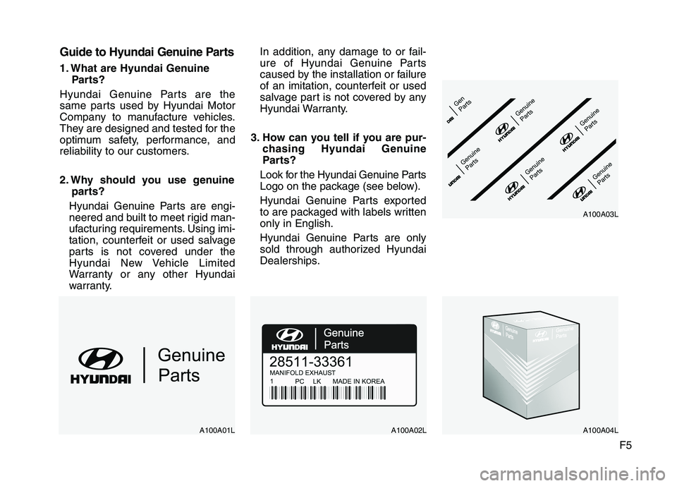 HYUNDAI GENESIS COUPE 2014  Owners Manual F5
Guide to Hyundai Genuine Parts
1. What are Hyundai Genuine
Parts?
Hyundai Genuine Parts are the
same parts used by Hyundai Motor
Company to manufacture vehicles.
They are designed and tested for th