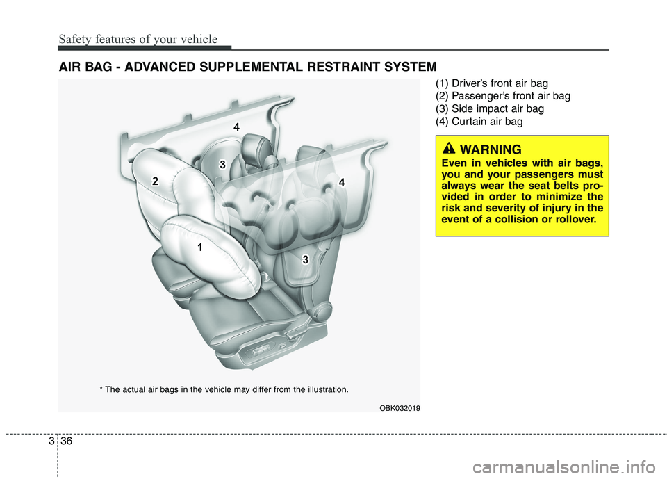 HYUNDAI GENESIS COUPE 2014 Workshop Manual Safety features of your vehicle
36 3
(1) Driver’s front air bag
(2) Passenger’s front air bag
(3) Side impact air bag
(4) Curtain air bag
AIR BAG - ADVANCED SUPPLEMENTAL RESTRAINT SYSTEM
WARNING
E