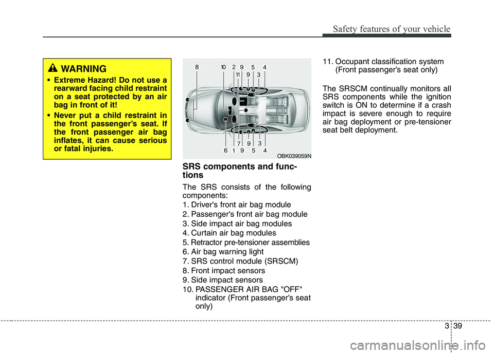 HYUNDAI GENESIS COUPE 2014 Workshop Manual 339
Safety features of your vehicle
SRS components and func-
tions
The SRS consists of the following
components:
1. Drivers front air bag module
2. Passengers front air bag module
3. Side impact air