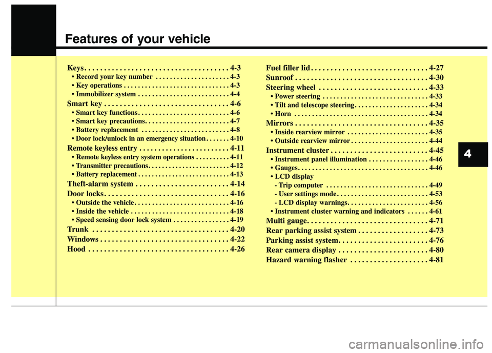 HYUNDAI GENESIS COUPE 2014 Manual Online Features of your vehicle
Keys . . . . . . . . . . . . . . . . . . . . . . . . . . . . . . . . . . . . . 4-3
• Record your key number . . . . . . . . . . . . . . . . . . . . . 4-3
 . . . . . . . . . 